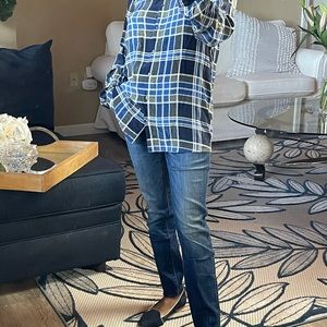 Joie Large Karianna Plaid 100% Silk Top Button Down Blouse Blue. Size X-Small